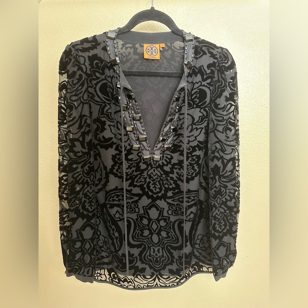 Tory Burch Black Silk Velvet  Patterned Women's Top